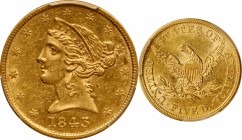 Liberty Head Half Eagle

1843 Liberty Head Half Eagle. AU-55 (PCGS).

PCGS# 8213. NGC ID: 25T2.

From the Francesca Collection.
