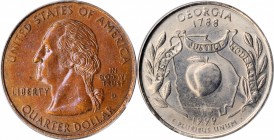 Mint Errors

1999-D State Quarter. Georgia--Obverse Clad Layer Missing--MS-63 (PCGS).

PCGS# 5951. NGC ID: 249L.