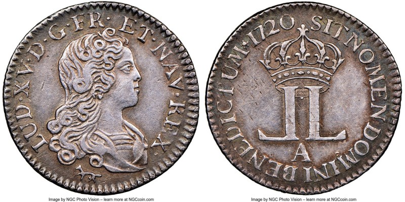Louis XV Livre d'argent fin (1/6 Ecu) 1720-A AU50 NGC, Paris mint, KM453 (20 Sol...