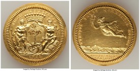 "Nantes-Port des Antilles" gold Restrike Franco-American Jeton 1752-Dated UNC (Wiped), cf. Br-511 (R4-1/2), Lec-111 (unlisted in gold). 32mm. 19.65gm....