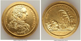 Louis XV gold Restrike Franco-American Jeton 1754-Dated UNC (Surface Hairlines), cf. Br-514 (R4), Lec-129 (unlisted in gold). 32mm. 19.66gm. Plain edg...