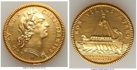 Louis XV gold Restrike Franco-American Jeton 1755-Dated UNC (Wiped), cf. Br-515 (R3), Lec-147 (unlisted in gold). 29mm. 18.49gm. Plain edge stamped (c...