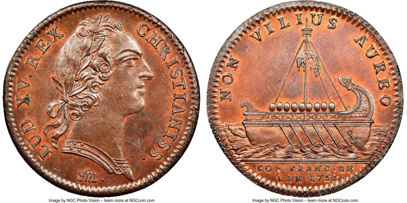 Louis XV copper Franco-American Jeton 1755-Dated MS63 Brown NGC, Br-515 var. (R3...