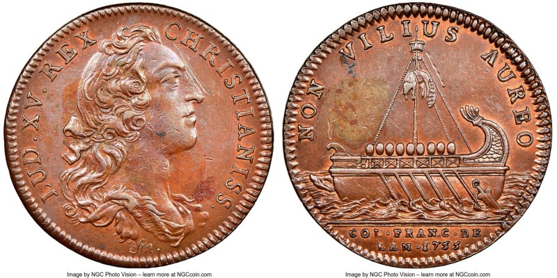 Louis XV copper Franco-American Jeton 1755-Dated AU Details (Obverse Scratched) ...