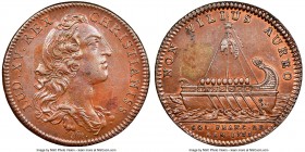 Louis XV copper Franco-American Jeton 1755-Dated AU Details (Obverse Scratched) NGC, Br-515 var. (R3; bust type), Lec-150. Plain edge. Coin alignment....