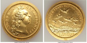 Louis XV gold Restrike Franco-American Jeton 1758-Dated UNC (Surface Hairlines, Lacquer Residue), cf. Br-519 (R4), Lec-183 (unlisted in gold). 32mm. 1...