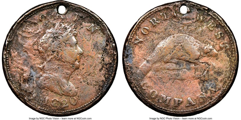Northwest Company copper Holed Token 1820 Fine Details (Corrosion) NGC, Br-925 (...