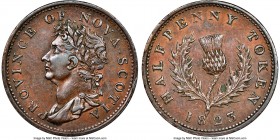 Nova Scotia. George IV "Thistle" 1/2 Penny Token 1823 AU55 Brown NGC, KM1, Br-867, NS-1A6, Courteau-257 (R8). Engrailed edge. Coin alignment. Variety ...