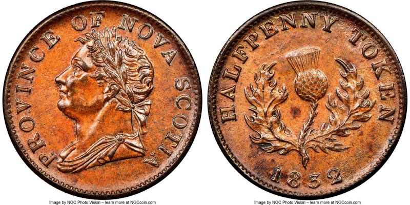 Nova Scotia. George IV "Thistle" 1/2 Penny Token 1832 MS63 Brown NGC, Br-871, NS...