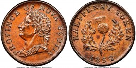 Nova Scotia. George IV "Thistle" 1/2 Penny Token 1832 MS63 Brown NGC, Br-871, NS-1D1. Engrailed edge. Coin alignment. Long Left Ribbon variety. Sold w...