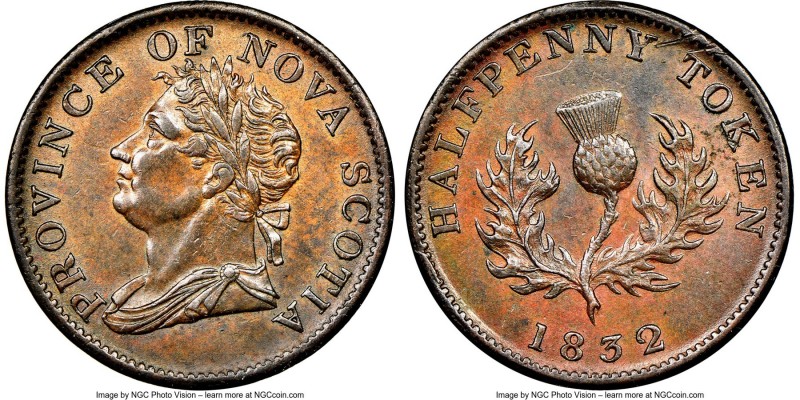 Nova Scotia. George IV "Thistle" 1/2 Penny Token 1832 AU55 Brown NGC, Br-871, NS...