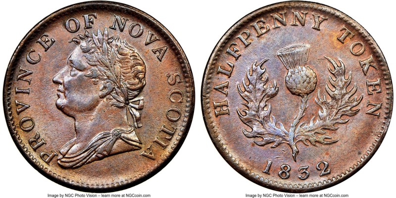 Nova Scotia. George IV "Thistle" 1/2 Penny Token 1832 MS61 Brown NGC, Br-871, NS...