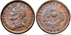 Nova Scotia. George IV "Thistle" 1/2 Penny Token 1832 MS61 Brown NGC, Br-871, NS-1D3. Engrailed edge. Coin alignment. Ribbons of Equal Length variety....