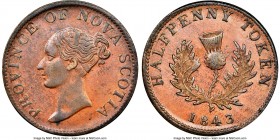 Nova Scotia. Victoria "Thistle" 1/2 Penny Token 1843 AU55 Brown NGC, Br-874, NS-1F3. Engrailed edge. Coin alignment. Thirteen Bracts, Fourteen Thorns ...
