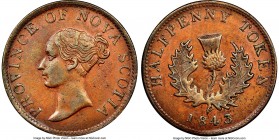 Nova Scotia. Victoria "Thistle" 1/2 Penny Token 1843 AU55 Brown NGC, Br-874, NS-1F5. Engrailed edge. Coin rotation. Thirteen Bracts, Eight Thorns vari...