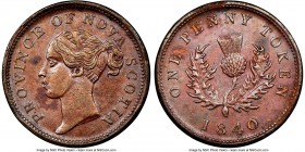 Nova Scotia. Victoria "Thistle" Penny Token 1840 AU58 Brown NGC, Br-873, NS-2C2. Engrailed edge. Coin alignment. Five Fringes variety. Sold with colle...