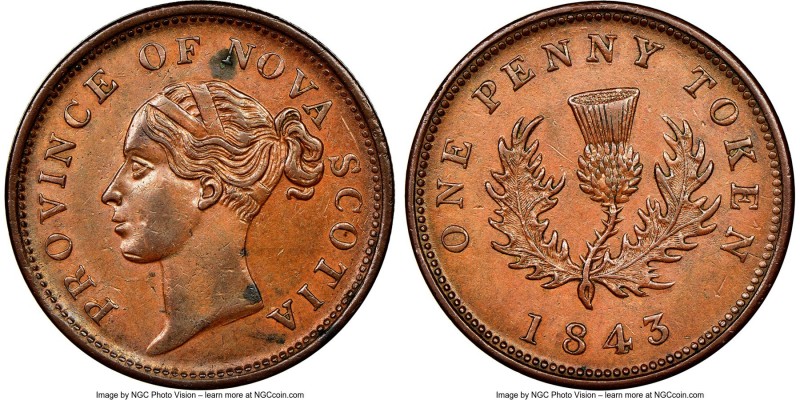 Nova Scotia. Victoria "Thistle" Penny Token 1843 AU55 Brown NGC, Br-873, NS-2D1....