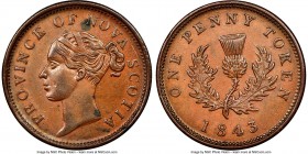 Nova Scotia. Victoria "Thistle" Penny Token 1843 AU55 Brown NGC, Br-873, NS-2D1. Engrailed edge. Coin alignment. Seven Fringes of Hair variety. From t...