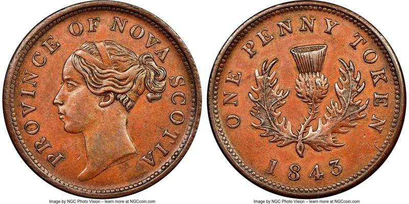 Nova Scotia. Victoria "Thistle" Penny Token 1843 AU55 Brown NGC, Br-873, NS-2D2....