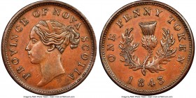 Nova Scotia. Victoria "Thistle" Penny Token 1843 AU55 Brown NGC, Br-873, NS-2D2. Engrailed edge. Coin alignment. Four Fringes of Hair variety. Sold wi...