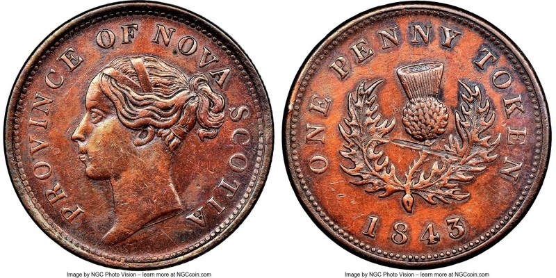 Nova Scotia. Victoria "Thistle" Penny Token 1843/0 XF Details (Reverse Damage, C...