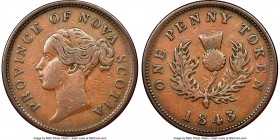 Nova Scotia. Victoria "Thistle" Penny Token 1843/0 VF35 Brown NGC, Br-873, NS-2D3. Engrailed edge. Coin alignment. Four Fringes of Hair, 3/0 variety. ...