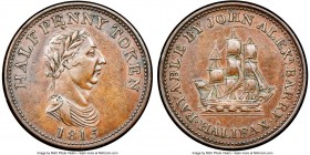 Nova Scotia "John Alexr. Barry - Halifax" 1/2 Penny Token 1815 AU55 Brown NGC, Br-891, NS-14A1. Plain edge. Coin alignment. Large Bust, 8 Leaves varie...