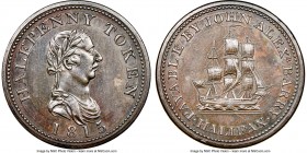 Nova Scotia "John Alexr. Barry - Halifax" 1/2 Penny Token 1815 AU58 Brown NGC, Br-891, NS-14A2. Plain edge. Coin alignment. Slender Bust, 7 Leaves var...