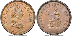 Nova Scotia "Genuine British Copper" 1/2 Penny Token 1815 MS63 Brown NGC, Br-886, NS-25A3. Plain edge. Coin alignment. Slender Bust, 6 Leaves variety....