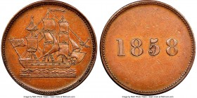 Newfoundland "Ship/1858" 1/2 Penny Token 1858 AU58 Brown NGC, Br-954 (R4), NF-3A2 (Doubtful), Courteau-9 (R9), Robins-29190. Plain edge. Medal alignme...