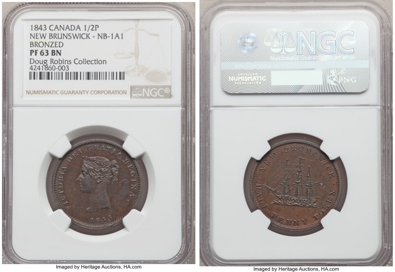 New Brunswick. Victoria bronzed Proof "Bust / Ship" 1/2 Penny Token 1843 PR63 Br...