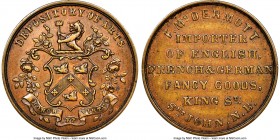 New Brunswick copper "F. McDermont" Business Card (Token) ND (1845) AU58 NGC, Br-914 (R4), NB-3, Courteau-2 (R8). Plain edge. Medal alignment. Soundly...