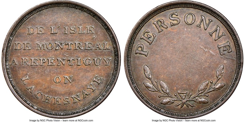 Lower Canada "Bout De L'Isle - Personne" Token ND (1808) AU58 Brown NGC, Br-541 ...