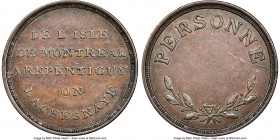 Lower Canada "Bout De L'Isle - Personne" Token ND (1808) AU58 Brown NGC, Br-541 (R4), BT-12. Coin alignment. Plain edge. Used to pay tolls for a trip ...