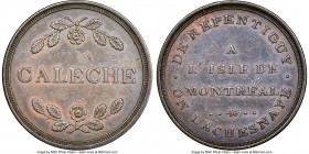 Lower Canada "Bout De L'Isle - Caleche" Token ND (1808) AU58 Brown NGC, Br-542 (R4), BT-13, Robins-29258. Coin alignment. Used to pay tolls for a trip...