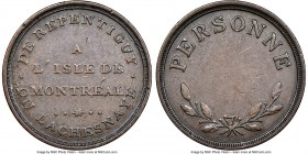 Lower Canada "Bout De L'Isle - Personne" Token ND (1808) AU53 Brown NGC, Br-545 (R4), BT-16, Robins-29261. Plain edge. Coin alignment. Used to pay tol...