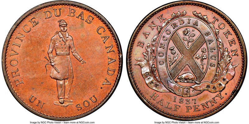 Lower Canada. City Bank "Habitant" 1/2 Penny Token 1837 MS65 Red and Brown NGC, ...