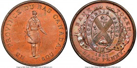 Lower Canada. City Bank "Habitant" 1/2 Penny Token 1837 MS65 Red and Brown NGC, Br-522, LC-8A2. Plain edge. Medal alignment. "V" lower than "I" variet...