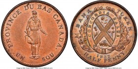Lower Canada. Banque Du Peuple "Habitant" 1/2 Penny Token 1837 MS64 Brown NGC, Br-522, LC-8C2. Plain edge. Medal alignment. Though labeled LC-8C1 on t...