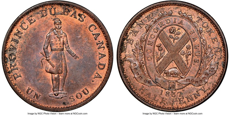 Lower Canada. Bank of Montreal "Habitant" 1/2 Penny Token 1837 MS64 Red and Brow...