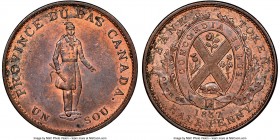 Lower Canada. Bank of Montreal "Habitant" 1/2 Penny Token 1837 MS64 Red and Brown NGC, Br-522, LC-8D2. Plain edge. Medal alignment. "V" lower than "I"...