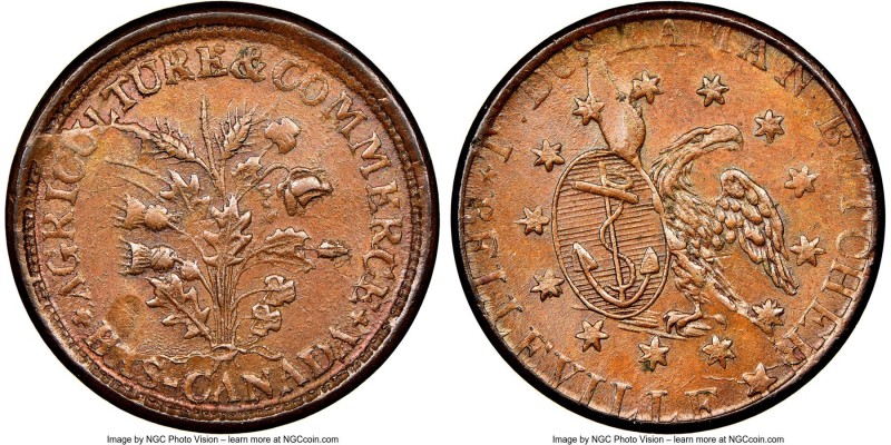 Lower Canada "T. Duseaman Butcher, Belleville" Bouquet Penny Token ND MS63 Brown...