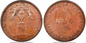 Upper Canada "Sr. Isaac Brock" Token 1816 MS62 Brown NGC, Br-724, UC-6A1. Reeded edge. Medal alignment. Cherubs' Heads under "T" and "ER", Right Foot ...