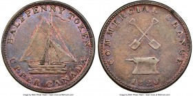 Upper Canada "Commercial Change/Sloop" 1/2 Penny Token 1820 AU53 Brown NGC, Br-727, UC-9A3. Reeded edge. Coin alignment. Bowsprit Points Between "D" a...