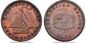 Upper Canada "Upper Canada Cask" 1/2 Penny Token 1821 AU55 Brown NGC, Br-728 (R2-1/2), UC-10. Reeded edge. Medal alignment. Commercial Change issue. F...