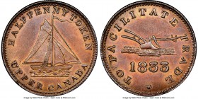 Upper Canada "Plow/Sloop" 1/2 Penny Token 1833 UNC Details (Reverse Scratched) NGC, Br-730, UC-12B2. Reeded edge. Coin alignment. Variety with bowspri...
