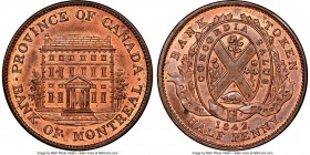 Province of Canada. Bank of Montreal "Front View" 1/2 Penny Token 1842 MS66 Red and Brown NGC, Br-527, PC-1A3. Small Trees, Short Nose variety. From t...