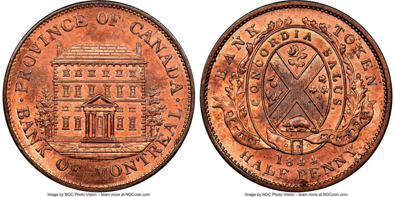 Province of Canada. Bank of Montreal "Front View" 1/2 Penny Token 1844 MS65 Red ...