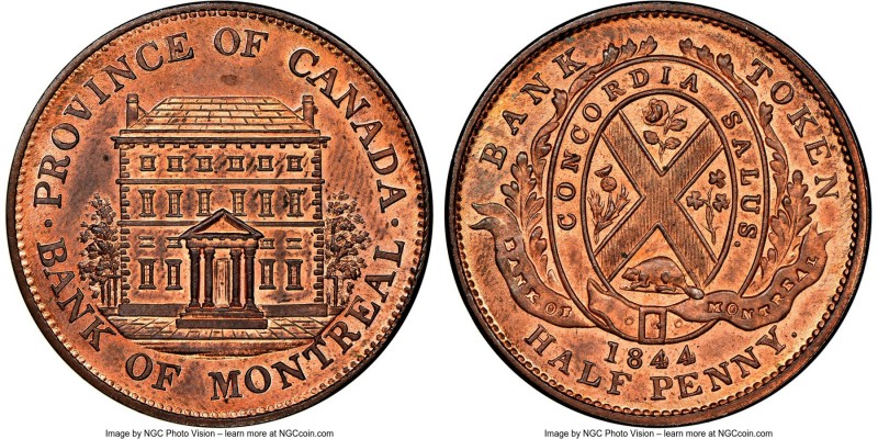 Province of Canada. Bank of Montreal "Front View" 1/2 Penny Token 1844 MS65 Red ...