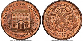 Province of Canada. Bank of Montreal "Front View" 1/2 Penny Token 1844 MS65 Red and Brown NGC, Br-527, PC-1B3. Medium Trees, Short Nose variety. Thoug...